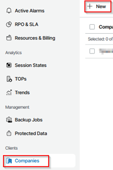 Kb-001 - Cloud Backup: Creating A Company Vspc Portal Showing The Companies Page With The New Button Highlighted At The Top