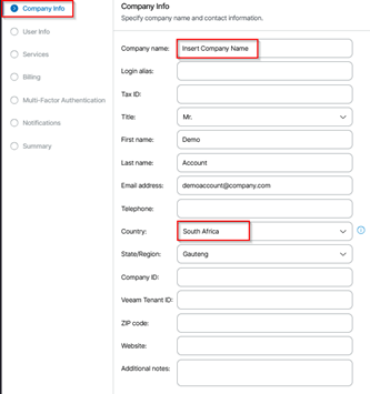 Kb-001 - Cloud Backup: Creating A Company Company Information Screen For Creating A New Tenant, Showing Fields To Enter A Company Name And Select A Country. The Company Info Step Is Highlighted, With ‘Insert Company Name’ And ‘South Africa’ Emphasized Before Proceeding To The User Info Section.