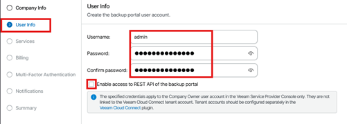 Kb-001 - Cloud Backup: Creating A Company User Info Section Of The Veeam Service Provider Console Tenant Creation Wizard, Displaying Fields For Username, Password, And Password Confirmation, With An Optional Checkbox To Enable Rest Api Access And The User Info Step Selected In The Navigation Panel.