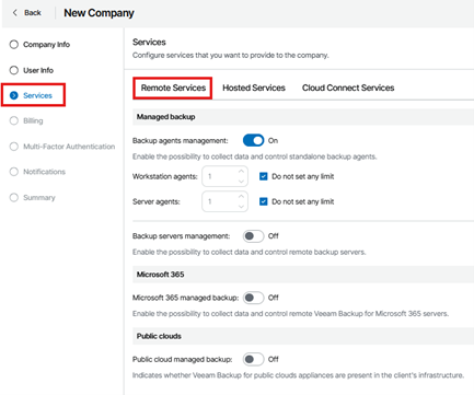 Kb-001 - Cloud Backup: Creating A Company Services Section Of The Veeam Service Provider Console Company Setup Wizard, Showing The Remote Services Tab With Options To Enable Backup Agents Management, Set Workstation And Server Agent Limits, Manage Backup Servers, And Configure Microsoft 365 And Public Cloud Managed Backup Services.