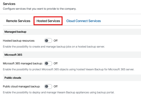 Kb-001 - Cloud Backup: Creating A Company Hosted Services Section Of The Veeam Service Provider Console Company Setup Wizard, Displaying Options To Enable Hosted Backup Resources, Hosted Microsoft 365 Managed Backup, And Hosted Public Cloud Managed Backup For Customers Operating Their Own Hosted Infrastructure.