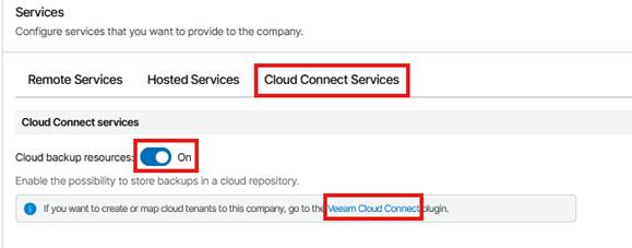 Kb-001 - Cloud Backup: Creating A Company Cloud Connect Services Section Of The Veeam Service Provider Console Company Setup Wizard, Displaying The Cloud Backup Resources Option Enabled To Allow Storage Of Customer Backups In The Service Provider’s Cloud Repository, With A Reference To The Veeam Cloud Connect Plugin.